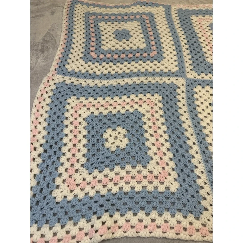 Granny Square Afghan Baby Lap Blanket Pastel Pink Blue  Hand Crocheted 35
